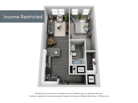 Floor plan for 1 bed, 1 bath, 672 sqft